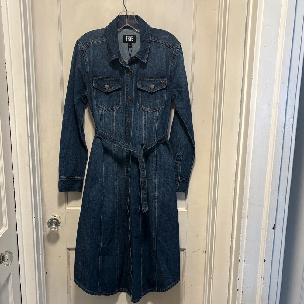 Frye Western Cowgirl Blue Denim Longsleeve Button Down Shirt Dress Brand New S